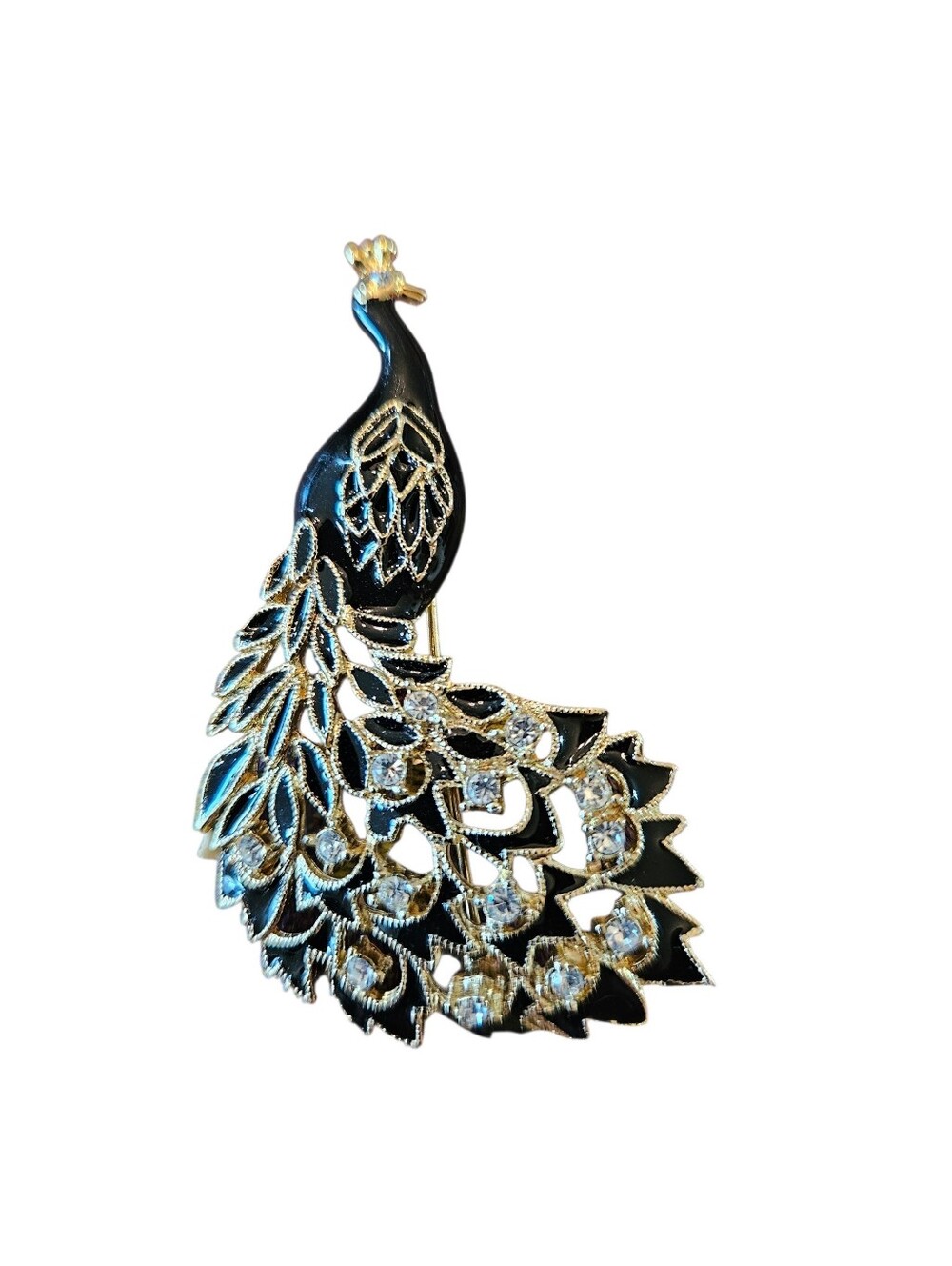 Goldtone Black And Rhinestone Peacock. Vintage